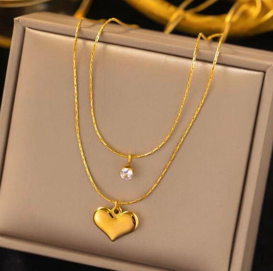 "Double Love" Layered Heart & Solitaire Necklace