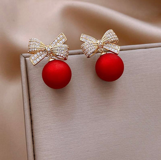 "Holiday Bow" Red Pearl Drop Earrings
