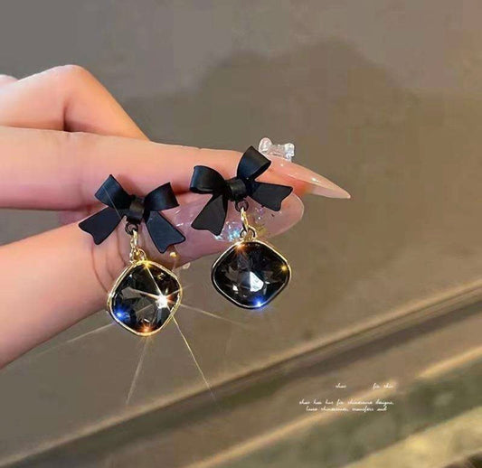 "Midnight Bow" Smoky Crystal Drop Earrings