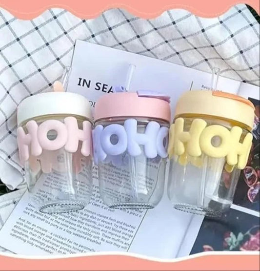 "The HOHO" Aesthetic Glass Sipper Cup with Lid & Straw